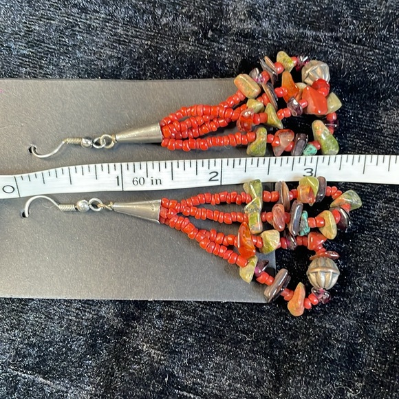 Vintage bead, Jasper, coral and sterling silver dangle earrings - Picture 3 of 3